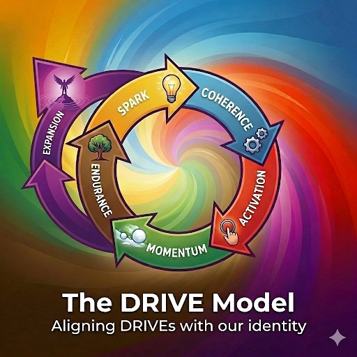 The DRIVE Model — Spark, Coherence, Activation, Momentum, Endurance, and Expansion arranged as a continuous alignment loop.